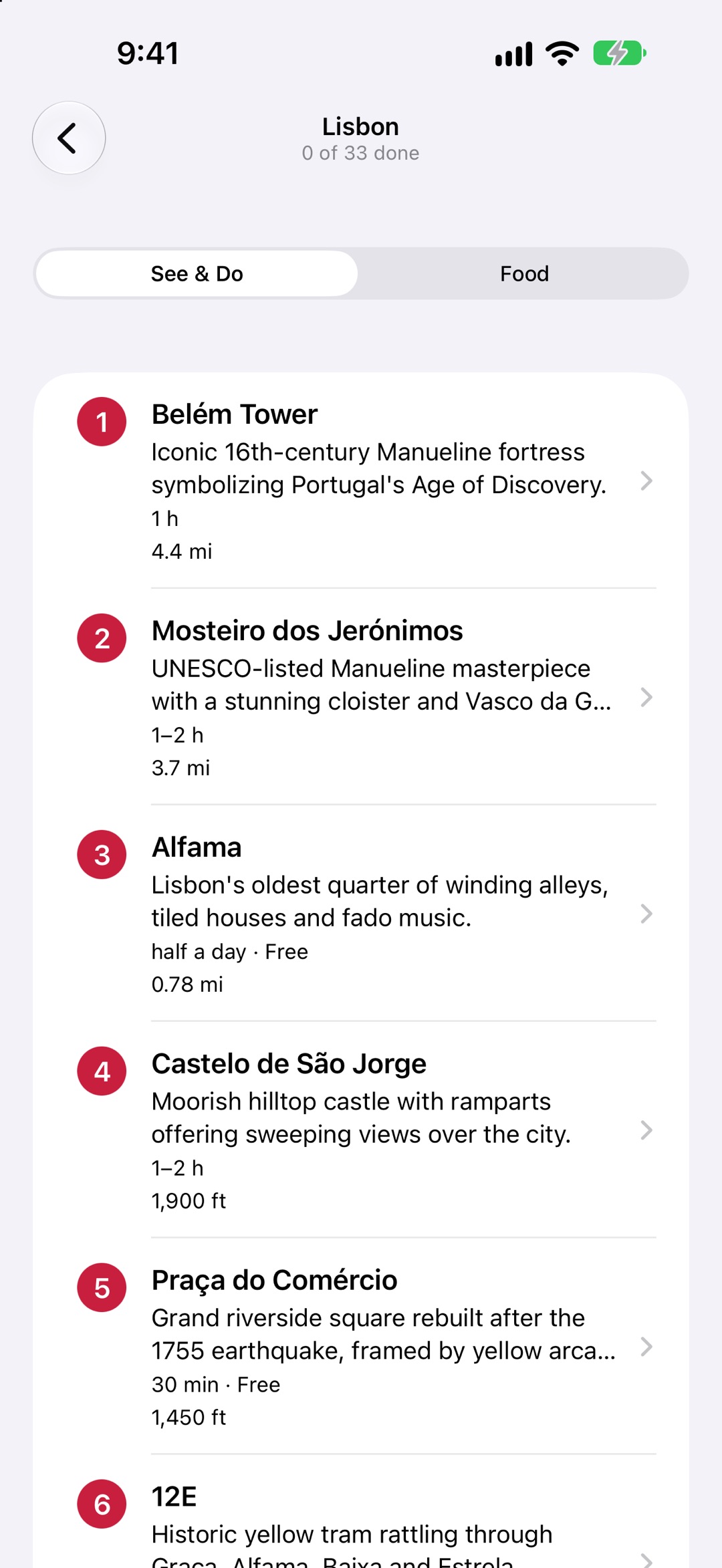 Lisbon's See and Do list, each place numbered, with how long a visit takes and whether it's free.