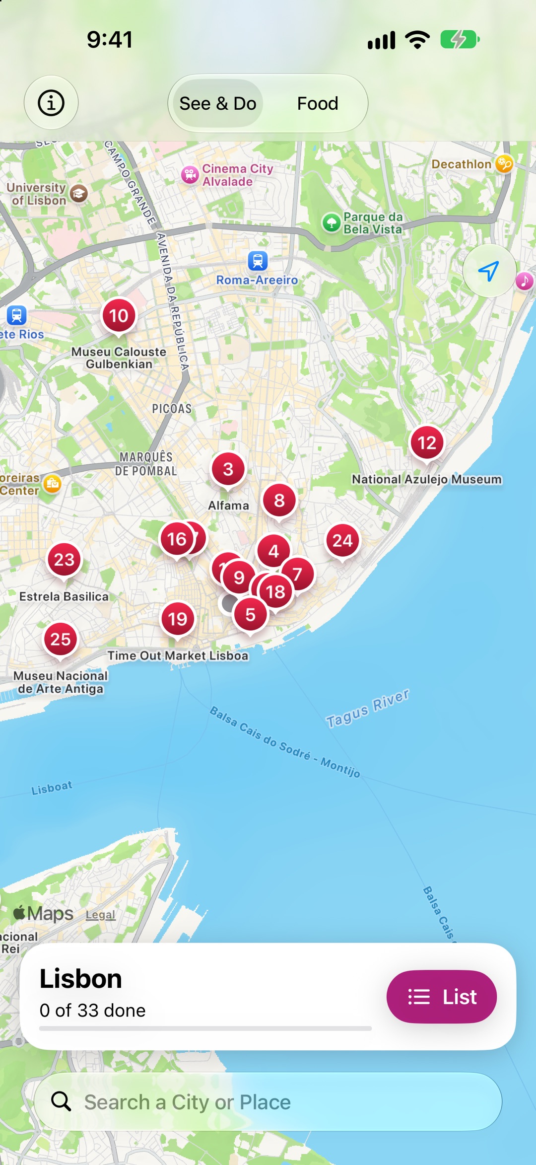 CityMusts on a map of Lisbon: the city's must-sees numbered in red from the most important, and the city's card at the bottom counting what's done.