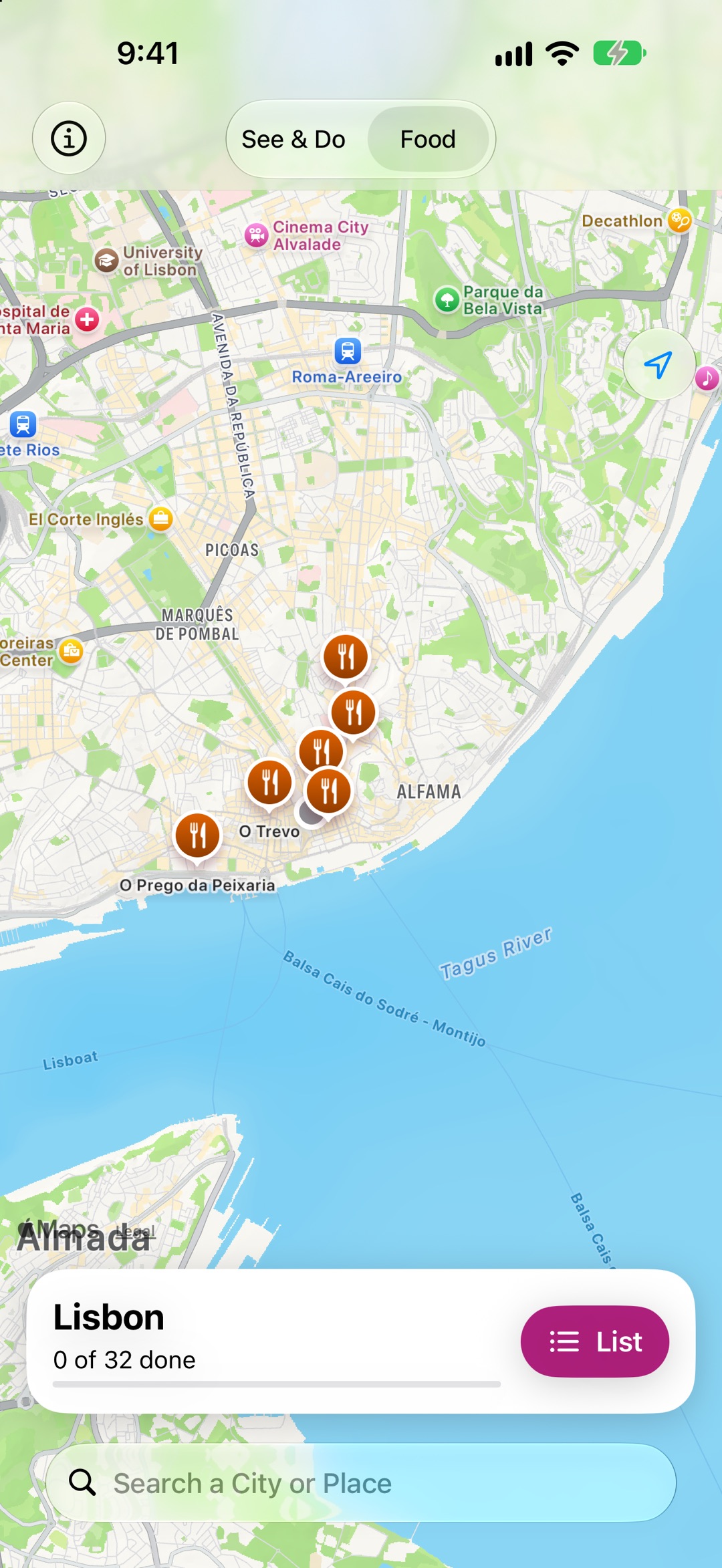 CityMusts on a map of Lisbon with Food selected: orange markers where to eat each local dish.