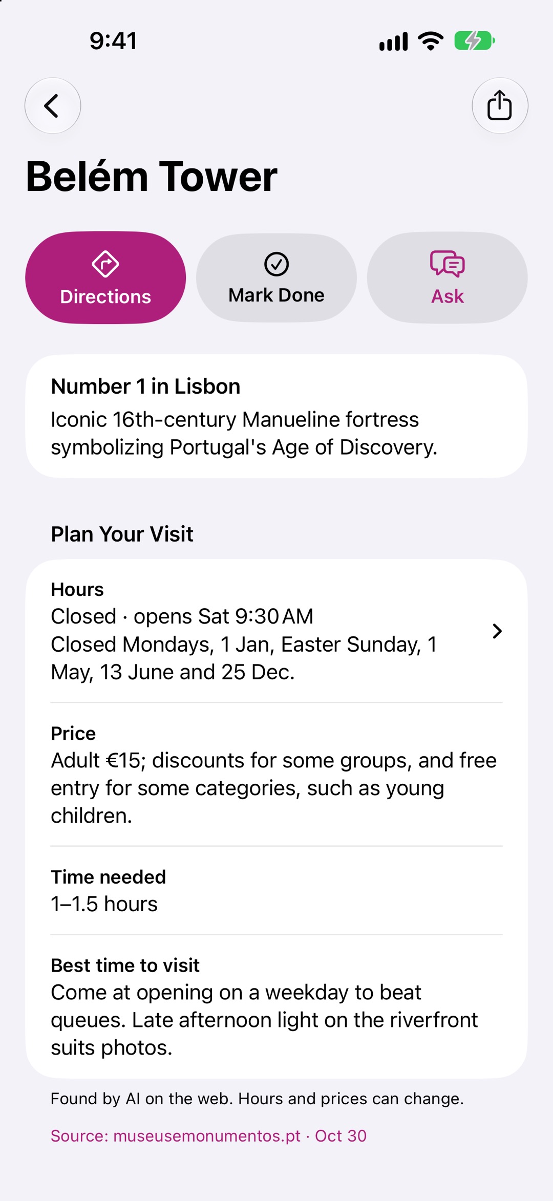 A place's page in CityMusts: why it's a must, and its opening hours and prices.