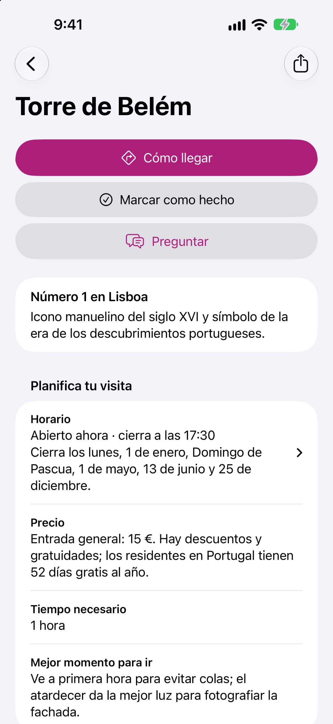 La página de un lugar en CityMusts: por qué es imprescindible, y sus horarios y precios.